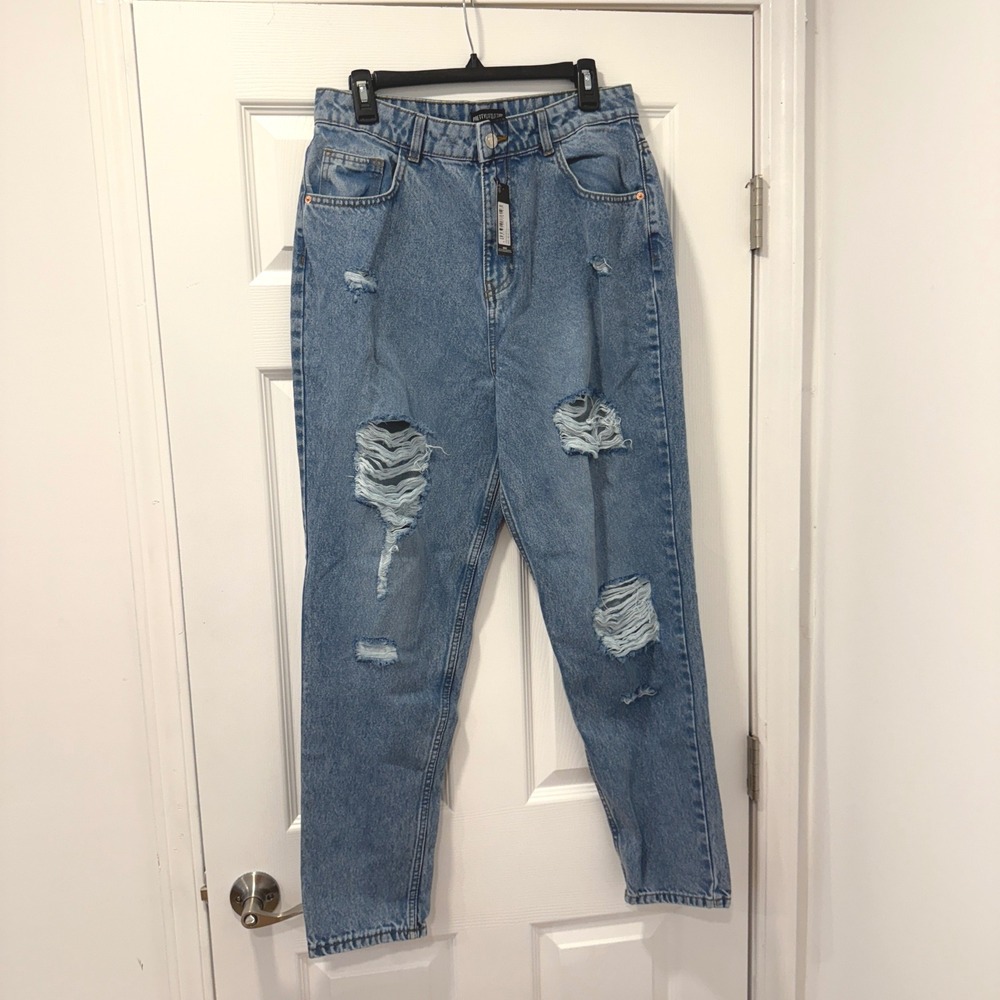 PrettyLittleThing‎ Mid Blue Wash Distressed Mom Jeans US 8 NWT Holes Pockets